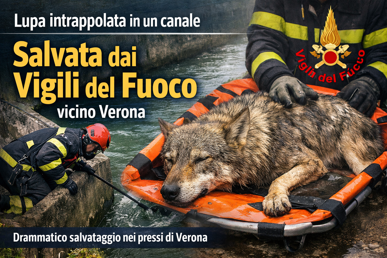 “Lupa intrappolata in un canale: salvata dai vigili del fuoco vicino Verona”