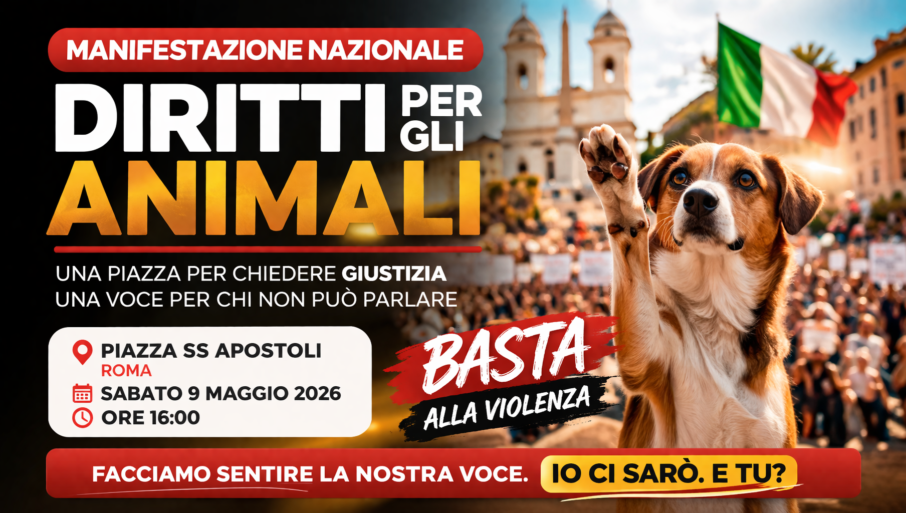 MANIFESTAZIONE NAZIONALE PER I DIRITTI DEGLI ANIMALI: IL 9 MAGGIO ROMA DIVENTA VOCE DI CHI NON NE HA