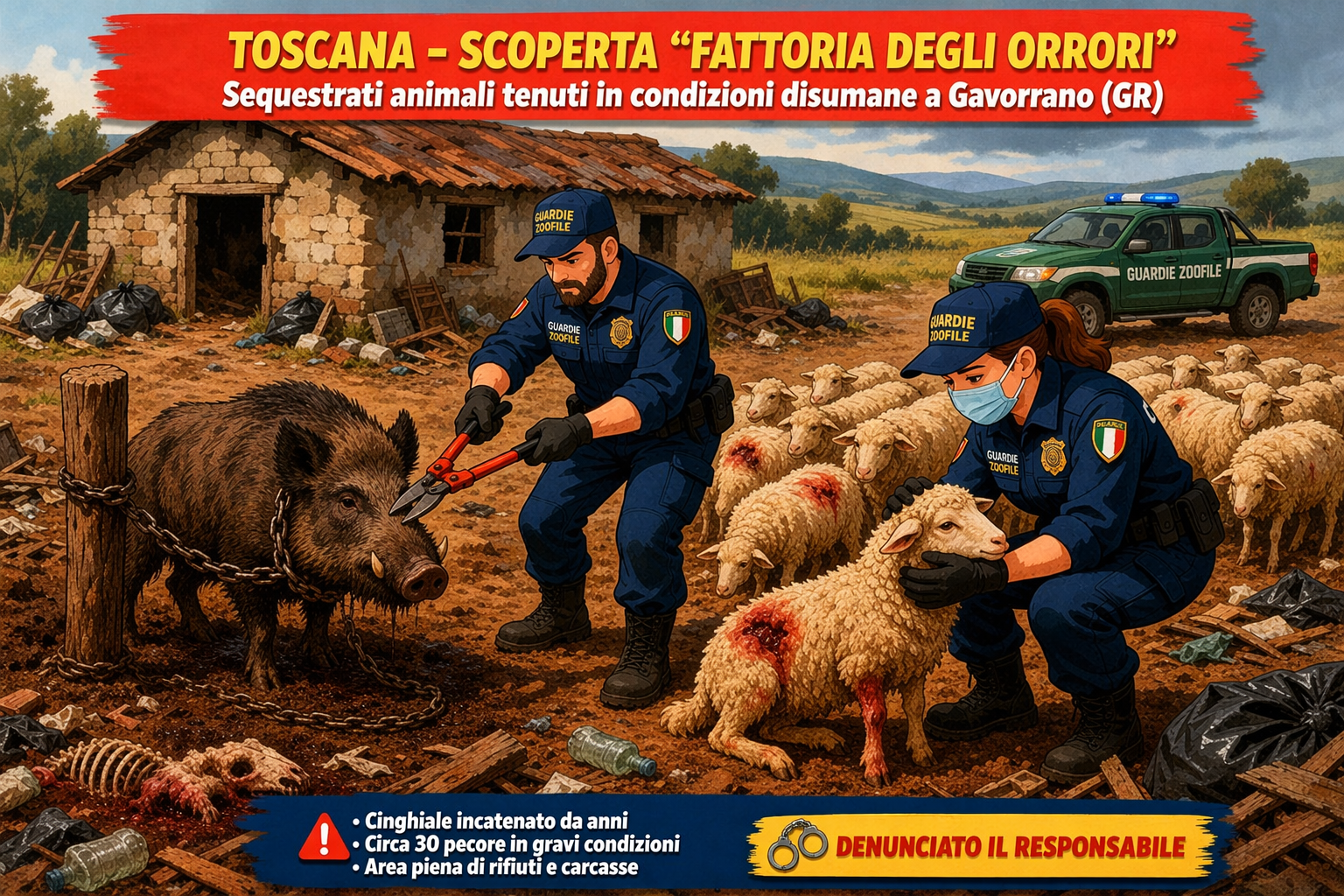 Toscana: scoperta la “fattoria degli orrori”, salvati decine di animali